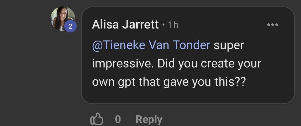 Comment asking whether Tieneke created her own GPT